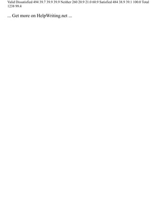 Valid Dissatisfied 494 39.7 39.9 39.9 Neither 260 20.9 21.0 60.9 Satisfied 484 38.9 39.1 100.0 Total
1238 99.4
... Get more on HelpWriting.net ...
 