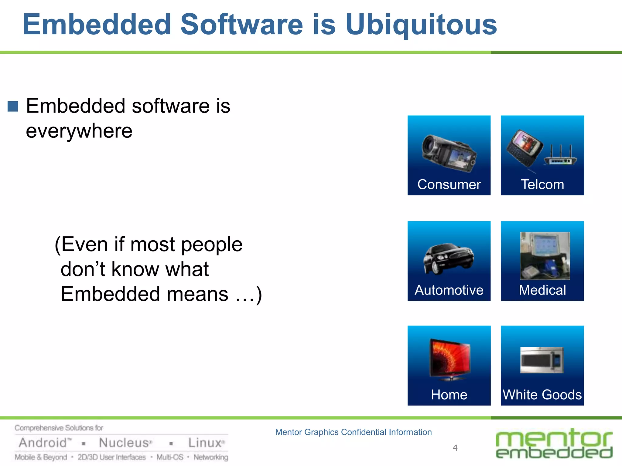 Embedded Software is Ubiquitous

 Embedded software is
 everywhere

                                                               Consumer      Telcom



    (Even if most people
     don’t know what
     Embedded means …)                                        Automotive     Medical




                                                                  Home     White Goods

                           Mentor Graphics Confidential Information
                                                                      4
 