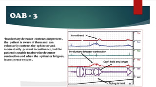 OAB - 3
•Involuntary detrusor contractionspresent ,
the patient is aware of them and can
voluntarily contract the sphincter and
momentarily prevent incontinence, but the
patient is unable to abort the detrusor
contraction and when the sphincter fatigues,
incontinence ensues .
 