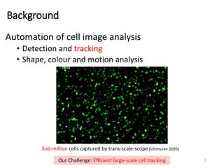 Automation of cell image analysis
• Detection and tracking
• Shape, colour and motion analysis
2
Sub-million cells captured by trans-scale-scope [Ichimura+ 2020]
Our Challenge: Efficient large-scale cell tracking
Background
 