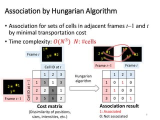 Association by Hungarian Algorithm
• Association for sets of cells in adjacent frames t-1 and t
by minimal transportation cost
• Time complexity: 𝑂(𝑁3) 𝑁: #cells
6
Cost matrix
(Dissimilarity of positions,
sizes, intensities, etc.)
1
3
2
2
3
1
1 2 3
1 5 1 3
2 2 6 1
3 5 6 2
Frame t-1
Frame t
Hungarian
algorithm
Cell
ID
at
t-1
Cell ID at t
1 2 3
1 0 1 0
2 1 0 0
3 0 0 1
Association result
1: Associated
0: Not associated
2
3
1
Frame t
1
3
2
Frame t-1
 