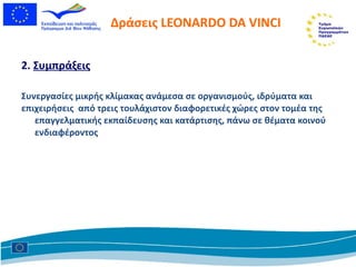 Δράσεις  LEONARDO DA VINCI 2.  Συμπράξεις Συνεργασίες μικρής κλίμακας ανάμεσα σε οργανισμούς, ιδρύματα και  επιχειρήσεις  από τρεις τουλάχιστον διαφορετικές χώρες στον τομέα της επαγγελματικής εκπαίδευσης και κατάρτισης, πάνω σε θέματα κοινού ενδιαφέροντος 