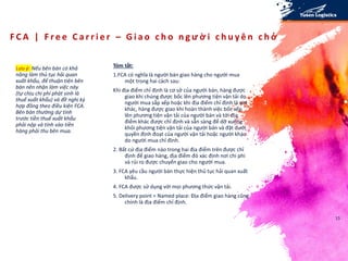 F C A | F r e e C a r r i e r – G i a o c h o n g ư ờ i c h u y ê n c h ở
Lưu ý: Nếu bên bán có khả
năng làm thủ tục hải quan
xuất khẩu, để thuận tiện bên
bán nên nhận làm việc này
(tự chịu chi phí phát sinh là
thuế xuất khẩu) và đề nghị ký
hợp đồng theo điều kiện FCA.
Bên bán thường dự tính
trước tiền thuế xuất khẩu
phải nộp và tính vào tiền
hàng phải thu bên mua.
Tóm tắt:
1.FCA có nghĩa là người bán giao hàng cho người mua
một trong hai cách sau:
Khi địa điểm chỉ định là cơ sở của người bán, hàng được
giao khi chúng được bốc lên phương tiện vận tải do
người mua sắp xếp hoặc khi địa điểm chỉ định là nơi
khác, hàng được giao khi hoàn thành việc bốc xếp
lên phương tiện vận tải của người bán và tới địa
điểm khác được chỉ định và sẵn sàng để dỡ xuống
khỏi phương tiện vận tải của người bán và đặt dưới
quyền định đoạt của người vận tải hoặc người khác
do người mua chỉ định.
2. Bất cứ địa điểm nào trong hai địa điểm trên được chỉ
định để giao hàng, địa điểm đó xác định nơi chi phí
và rủi ro được chuyển giao cho người mua.
3. FCA yêu cầu người bán thực hiện thủ tục hải quan xuất
khẩu.
4. FCA được sử dụng với mọi phương thức vận tải.
5. Delivery point = Named place: Địa điểm giao hàng cũng
chính là địa điểm chỉ định.
15
 