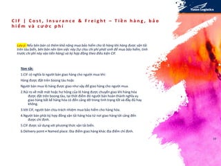C I F | C o s t , I n s u r a n c e & F r e i g h t – T i ề n h à n g , b ả o
h i ể m v à c ư ớ c p h í
Lưu ý: Nếu bên bán có thêm khả năng mua bảo hiểm cho lô hàng khi hàng được vận tải
trên tàu biển, bên bán nên làm việc này (tự chịu chi phí phát sinh để mua bảo hiểm, tính
trước chi phí này vào tiền hàng) và ký hợp đồng theo điều kiện CIF.
Tóm tắt:
1.CIF có nghĩa là người bán giao hàng cho người mua khi:
Hàng được đặt trên boong tàu hoặc
Người bán mua lô hàng được giao như vậy để giao hàng cho người mua.
2.Rủi ro về mất mát hoặc hư hỏng của lô hàng được chuyển giao khi hàng hóa
được đặt trên boong tàu, tại thời điểm đó người bán hoàn thành nghĩa vụ
giao hàng bất kể hàng hóa có đến cảng dỡ trong tình trạng tốt và đầy đủ hay
không.
3.Với CIF, người bán chịu trách nhiệm mua bảo hiểm cho hàng hóa.
4.Người bán phải ký hợp đồng vận tải hàng hóa từ nơi giao hàng tới cảng đến
được chỉ định.
5.CIF được sử dụng với phương thức vận tải biển.
6.Delivery point ≠ Named place: Địa điểm giao hàng khác địa điểm chỉ định.
19
 