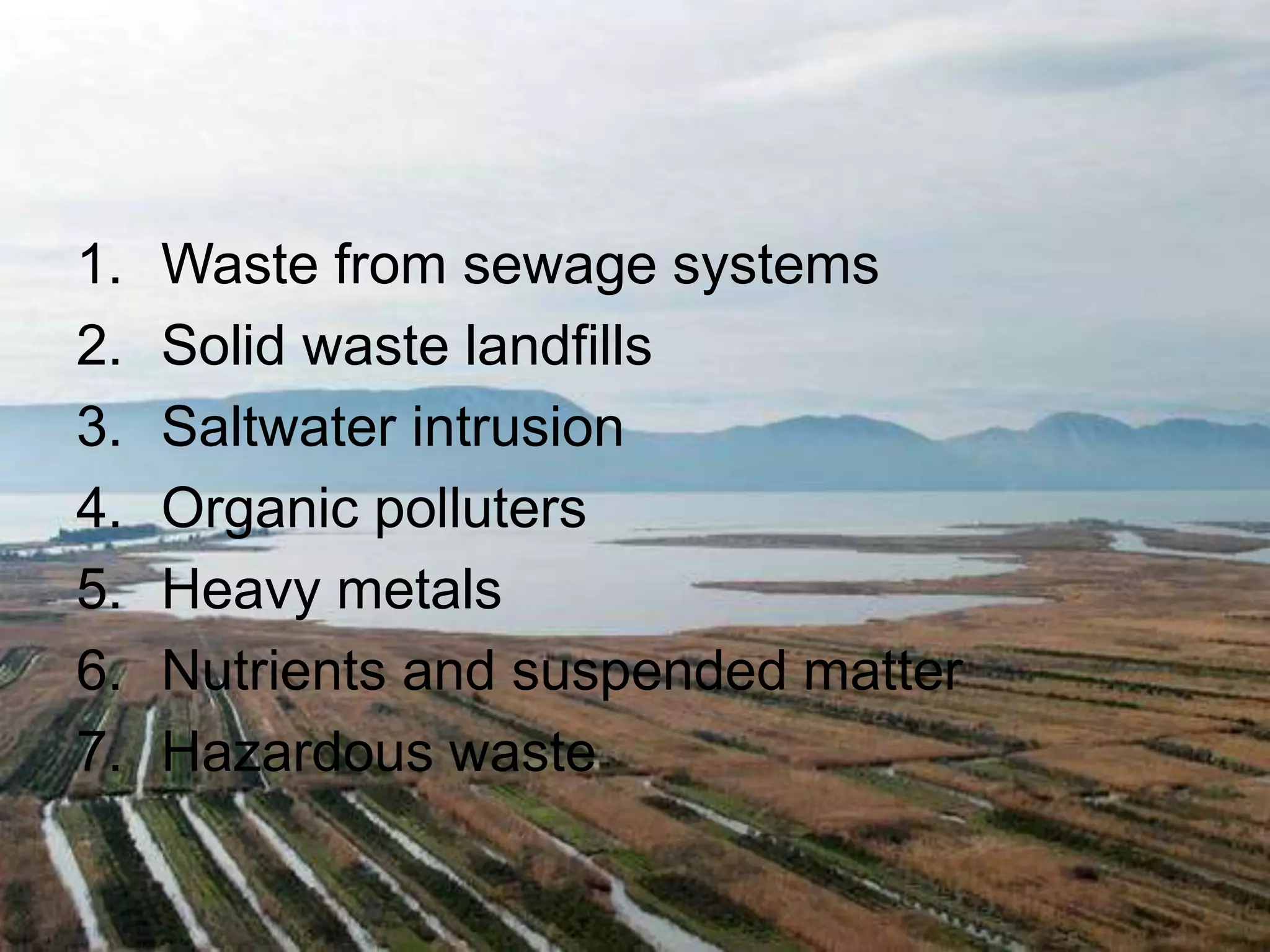 1. Waste from sewage systems 
2. Solid waste landfills 
3. Saltwater intrusion 
4. Organic polluters 
5. Heavy metals 
6. Nutrients and suspended matter 
7. Hazardous waste 
 