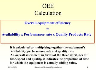 OEE
Calculation
Overall equipment efficiency
=
Availability x Performance rate x Quality Products Rate
It is calculated by multiplying together the equipment's
.availability, performance rate and quality rate
An overall assessment in terms of the three attributes of
time, speed and quality, it indicates the proportion of time
for which the equipment is actually adding value.
10/24/2021 Hamed.Ali.Mohamed2@gmail.com 4
 