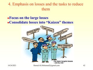 Focus on the large losses
Consolidate losses into “Kaizen” themes
4. Emphasis on losses and the tasks to reduce
them
10/24/2021 Hamed.Ali.Mohamed2@gmail.com 42
 