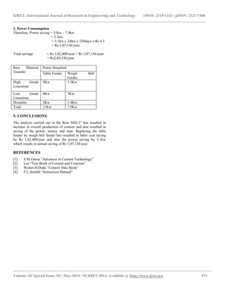 IJRET: International Journal of Research in Engineering and Technology eISSN: 2319-1163 | pISSN: 2321-7308 
__________________________________________________________________________________________ 
Volume: 03 Special Issue: 03 | May-2014 | NCRIET-2014, Available @ http://www.ijret.org 971 
2. Power Consumption Therefore, Power saving = 11kw – 7.9kw = 3.1kw. = 3.1kw x 24hrs x 320days x Rs 4.5 = Rs 1,07,136/year. Total savings = Rs 1,82,400/year + Rs 1,07,136/year. = Rs2,89,536/year. 
5. CONCLUSIONS The analysis carried out in the Raw Mill-2” has resulted in increase in overall production of cement and also resulted in saving of the power, money and time. Replacing the table feeder by weigh belt feeder has resulted in labor cost saving by Rs 1,82,400/year and also the power saving by 3.1kw which results in annual saving of Rs 1,07,136/year. REFERENCES 
[1] S.M.Ghose “Advances in Cement Technology” 
[2] Lee “Text Book of Cement and Concrete” 
[3] Walter.H.Duda “Cement Data Book” 
[4] F.L.Smidth “Instruction Manual” 
Raw Material Transfer 
Power Required 
Table Feeder 
Weigh Belt Feeder 
High Grade Limestone 
5Kw 
3.5Kw 
Low Grade Limestone 
4Kw 
3Kw 
Hematite 
2Kw 
1.4Kw 
Total 
11Kw 
7.9Kw 