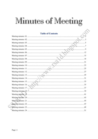 Page | 1
Table of Contents
Meeting minutes: 01 ...............................................................................................................................2
Meeting minutes: 02 ...............................................................................................................................3
Meeting minutes: 03 ...............................................................................................................................5
Meeting minutes: 04 ...............................................................................................................................7
Meeting minutes: 05 ...............................................................................................................................9
Meeting minutes: 06 .............................................................................................................................12
Meeting minutes: 07 .............................................................................................................................15
Meeting minutes: 08 .............................................................................................................................18
Meeting minutes: 09 .............................................................................................................................21
Meeting minutes: 10 .............................................................................................................................23
Meeting minutes: 11 .............................................................................................................................25
Meeting minutes: 12 .............................................................................................................................27
Meeting minutes: 13 .............................................................................................................................29
Meeting minutes: 14 .............................................................................................................................31
Meeting minutes: 15 .............................................................................................................................33
Meeting minutes: 16 .............................................................................................................................35
Meeting minutes: 17 .............................................................................................................................37
Meeting minutes: 18 .............................................................................................................................39
Meeting minutes: 19 .............................................................................................................................41
Meeting minutes: 20 .............................................................................................................................43
Meeting minutes: 21 .............................................................................................................................45
Meeting minutes: 22 .............................................................................................................................47
Meeting minutes: 23 .............................................................................................................................49
Meeting minutes: 24 .............................................................................................................................51
 