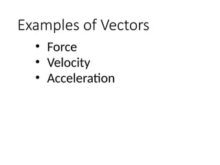 Examples of Vectors
• Force
• Velocity
• Acceleration
 
