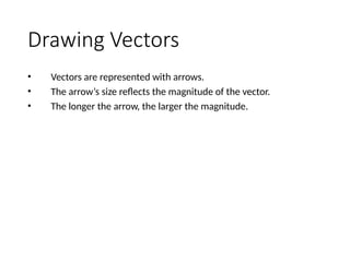 Drawing Vectors
• Vectors are represented with arrows.
• The arrow’s size reflects the magnitude of the vector.
• The longer the arrow, the larger the magnitude.
 