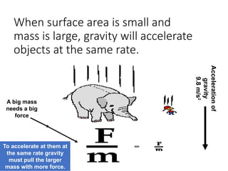 When surface area is small and
mass is large, gravity will accelerate
objects at the same rate.
Acceleration
of
gravity
9.8
m/s
2
A big mass
needs a big
force
To accelerate at them at
the same rate gravity
must pull the larger
mass with more force.
 