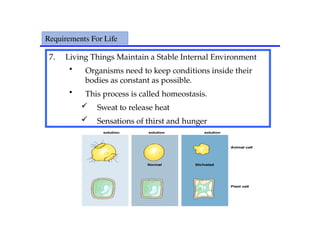 7. Living Things Maintain a Stable Internal Environment
• Organisms need to keep conditions inside their
bodies as constant as possible.
• This process is called homeostasis.
 Sweat to release heat
 Sensations of thirst and hunger
Requirements For Life
 