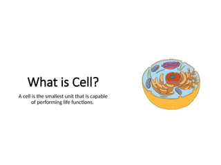 What is Cell?
A cell is the smallest unit that is capable
of performing life functions.
 