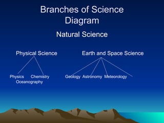 Branches of Science
Diagram
Natural Science
Physical Science Earth and Space Science
Physics Chemistry Geology Astronomy Meteorology
Oceanography
 