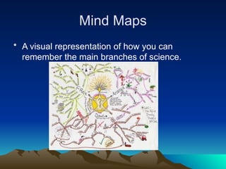 Mind Maps
• A visual representation of how you can
remember the main branches of science.
 