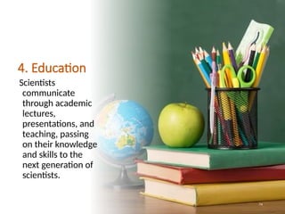 4. Education
Scientists
communicate
through academic
lectures,
presentations, and
teaching, passing
on their knowledge
and skills to the
next generation of
scientists.
74
 