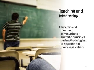 Teaching and
Mentoring
Educators and
mentors
communicate
scientific principles
and methodologies
to students and
junior researchers.
81
 