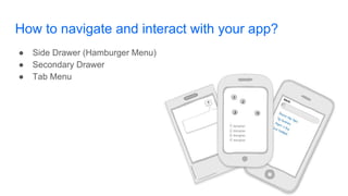 How to navigate and interact with your app?
● Side Drawer (Hamburger Menu)
● Secondary Drawer
● Tab Menu
 