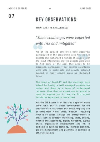 KEY OBSERVATIONS:
WHAT ARE THE CHALLENGES?
"Some challenges were expected
with risk and mitigated"
All of the applied enterprise have positively
participated in the programme with Ask the EJB
experts and exchanged a number of issues as per
the input information and the experts were able
to find some of the gaps that needs to be
discussed. consequently our experts voluntarily
were able to participate and provide selected
support in many needed areas as illustrated
below
The issue of Covid-19 and the meetings were
solved by having a well managed presentation
online and done by a team of professional
experts. More than an expert use to attend in
order to support just in case the first expert
beside the key expert or lead expert
JUNE 2021
ASK EJB EXPERTS //
0 7
Ask the EJB Expert is an idea and a spin off many
other ideas that is under development for the
creation of an instrument that could help any size
of firms from Micro, Small, medium including
what is so called startups and entrepreneurs in
areas such as strategy, marketing, sales, pricing,
finance and accounting, digital marketing, supply
chain, organization development and HR in
addition to business planning, financial planning,
project management and planning in addition to
other disciplines
 