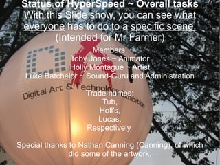 Status of HyperSpeed ~ Overall tasks With this Slide show, you can see what  everyone  has to do to a  specific scene. (Intended for Mr Farmer) Members: Toby Jones ~ Animator  Holly Montague ~ Artist Luke Batchelor ~ Sound-Guru and Administration Trade names: Tub, Holl's, Lucas. Respectively  Special thanks to Nathan Canning (Canning), of which did some of the artwork. 