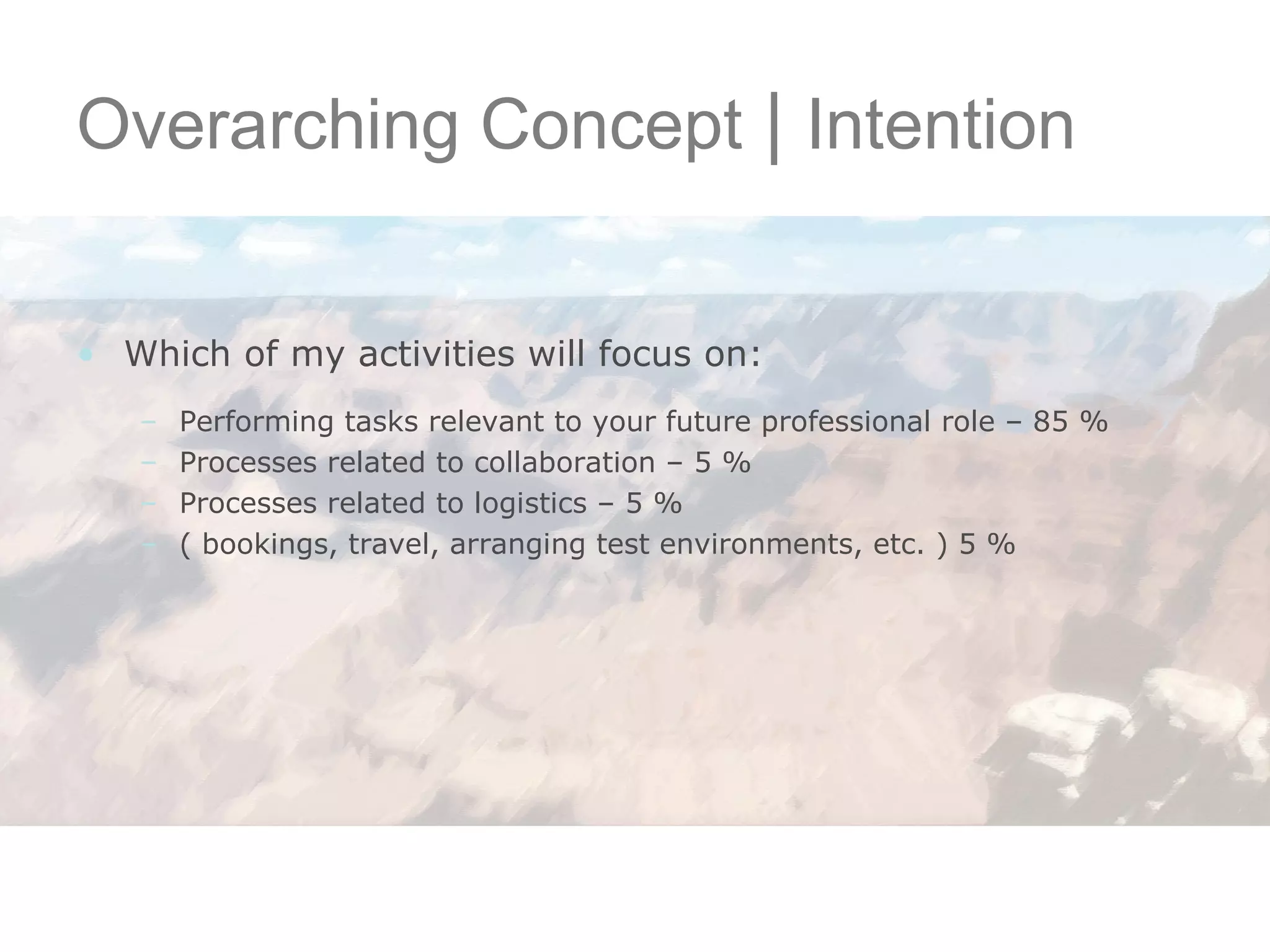 Overarching Concept  |  Intention Which of my activities will focus on: Performing tasks relevant to your future professional role – 85 % Processes related to collaboration – 5 % Processes related to logistics – 5 % ( bookings, travel, arranging test environments, etc. ) 5 % 