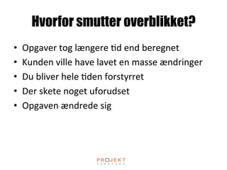 Hvorfor smutter overblikket?
•  Opgaver	
 tog	
 længere	
 ;d	
 end	
 beregnet	
 
•  Kunden	
 ville	
 have	
 lavet	
 en	
 masse	
 ændringer	
 
•  Du	
 bliver	
 hele	
 ;den	
 forstyrret	
 
•  Der	
 skete	
 noget	
 uforudset	
 
•  Opgaven	
 ændrede	
 sig	
 
 