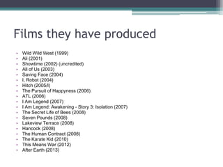 Films they have produced
•
•
•
•
•
•
•
•
•
•
•
•
•
•
•
•
•
•
•

Wild Wild West (1999)
Ali (2001)
Showtime (2002) (uncredited)
All of Us (2003)
Saving Face (2004)
I, Robot (2004)
Hitch (2005/I)
The Pursuit of Happyness (2006)
ATL (2006)
I Am Legend (2007)
I Am Legend: Awakening - Story 3: Isolation (2007)
The Secret Life of Bees (2008)
Seven Pounds (2008)
Lakeview Terrace (2008)
Hancock (2008)
The Human Contract (2008)
The Karate Kid (2010)
This Means War (2012)
After Earth (2013)

 