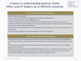A lesson in understanding business needs:   What could IT leaders do in different scenarios. Info-Tech Research Group Case Scenario System Modifications Large Enterprise Get the right mix of people: One or two high-level decision makers from the affected business units  Business process experts from all affected areas  Financial analysts, to determine the ROI of the package with the help of the business experts  “ Hired gun” experts in each package who can get a rough handle on implementation costs.  Do not  leave this job to the package salesperson!  Experts who have a good grasp of current data structures, and data that must be converted to the new system  Select technical staff who will be participating in the implementation Third Party Solution/Medium Enterprise Through interviews and small groups, determine who the management and frontline stakeholders will be. Keep meetings with management and staff together informal so the frontline staff will speak up. Alternatively, collect information from one group and validate with the other.  BA acts as the go between for the groups. When users try to provide solutions instead of  requirements (i.e. “we need a system to do x, y  and z”) take them back from the “how” to the “what” they are trying to do and “why”. Don’t dismiss their recommendations, but encourage them to work it through for clarity. System Replacement/Medium Enterprise 