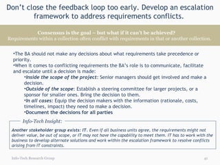 Don’t close the feedback loop too early. Develop an escalation framework to address requirements conflicts.  Info-Tech Research Group The BA should not make any decisions about what requirements take precedence or priority. When it comes to conflicting requirements the BA’s role is to communicate, facilitate and escalate until a decision is made: Inside the scope of the project :  Senior managers should get involved and make a decision. Outside of the scope : Establish a steering committee for larger projects, or a sponsor for smaller ones. Bring the decision to them.  In all cases:  Equip the decision makers with the information (rationale, costs, timelines, impact) they need to make a decision. Document the decisions for all parties Another stakeholder group exists: IT.  Even if all business units agree, the requirements might not deliver value, be out of scope, or IT may not have the capability to meet them. IT has to work with the business to develop alternate solutions and work within the escalation framework to resolve conflicts arising from IT constraints. Info-Tech Insight: Consensus is the goal – but what if it can’t be achieved?   Requirements within a collection often conflict with requirements in that or another collection.  