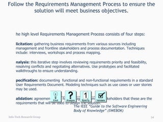 Follow the Requirements Management Process to ensure the solution will meet business objectives. The high level Requirements Management Process consists of four steps:  Elicitation:  gathering business requirements from various sources including management and frontline stakeholders and process documentation. Techniques include: interviews, workshops and process mapping.  Analysis:  this iterative step involves reviewing requirements priority and feasibility, resolving conflicts and negotiating alternatives. Use prototypes and facilitated walkthroughs to ensure understanding. Specification:  documenting  functional and non-functional requirements in a standard User Requirements Document. Modeling techniques such as use cases or user stories may be used. Validation:  agreement in the form of signoff from the stakeholders that these are the requirements that will be used to design the solution. The IEEE  “Guide to the Software Engineering Body of Knowledge” (SWEBOK)   Info-Tech Research Group 