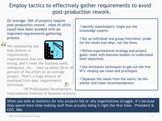 Employ tactics to effectively gather requirements to avoid   post-production rework. Info-Tech Research Group On average, 26% of projects require post-production rework – most of which could have been avoided with an improved requirements gathering process. When you look at statistics for why projects fail or why organizations struggle, it’s because they spend more time redoing stuff than actually doing it right the first time. -President & CEO, IIBA We consistently see  that defects in  requirements –  requirements that are  wrong, don’t meet the business need, ambiguous, etc. – take up about 20 to 30 percent of the effort on an average  project. That’s a huge amount of  overhead from poor requirements  technique. -VP Professional Development, International Institute of Business Analysis ” “ Identify stakeholders: single out the knowledge experts Set up individual and group interviews: probe for the whats and whys, not the hows. Define organizational strategy and project goals: meet with business leaders to understand their objectives Use elicitation techniques to get out the five W’s: employ use cases and prototypes Separate the needs from the wants: be the arbiter and make recommendations 
