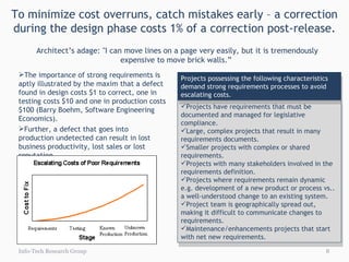 To minimize cost overruns, catch mistakes early – a correction during the design phase costs 1% of a correction post-release. The importance of strong requirements is aptly illustrated by the maxim that a defect found in design costs $1 to correct, one in testing costs $10 and one in production costs $100 (Barry Boehm, Software Engineering Economics). Further, a defect that goes into production undetected can result in lost business productivity, lost sales or lost reputation. Info-Tech Research Group Architect’s adage: "I can move lines on a page very easily, but it is tremendously expensive to move brick walls.”  Projects have requirements that must be documented and managed for legislative compliance. Large, complex projects that result in many requirements documents. Smaller projects with complex or shared requirements. Projects with many stakeholders involved in the requirements definition. Projects where requirements remain dynamic e.g. development of a new product or process vs.. a well-understood change to an existing system. Project team is geographically spread out, making it difficult to communicate changes to requirements. Maintenance/enhancements projects that start with net new requirements. Projects possessing the following characteristics demand strong requirements processes to avoid escalating costs. 