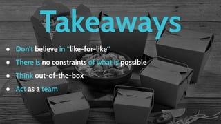 Takeaways
● Don’t believe in “like-for-like“
● There is no constraints of what is possible
● Think out-of-the-box
● Act as a team
 
