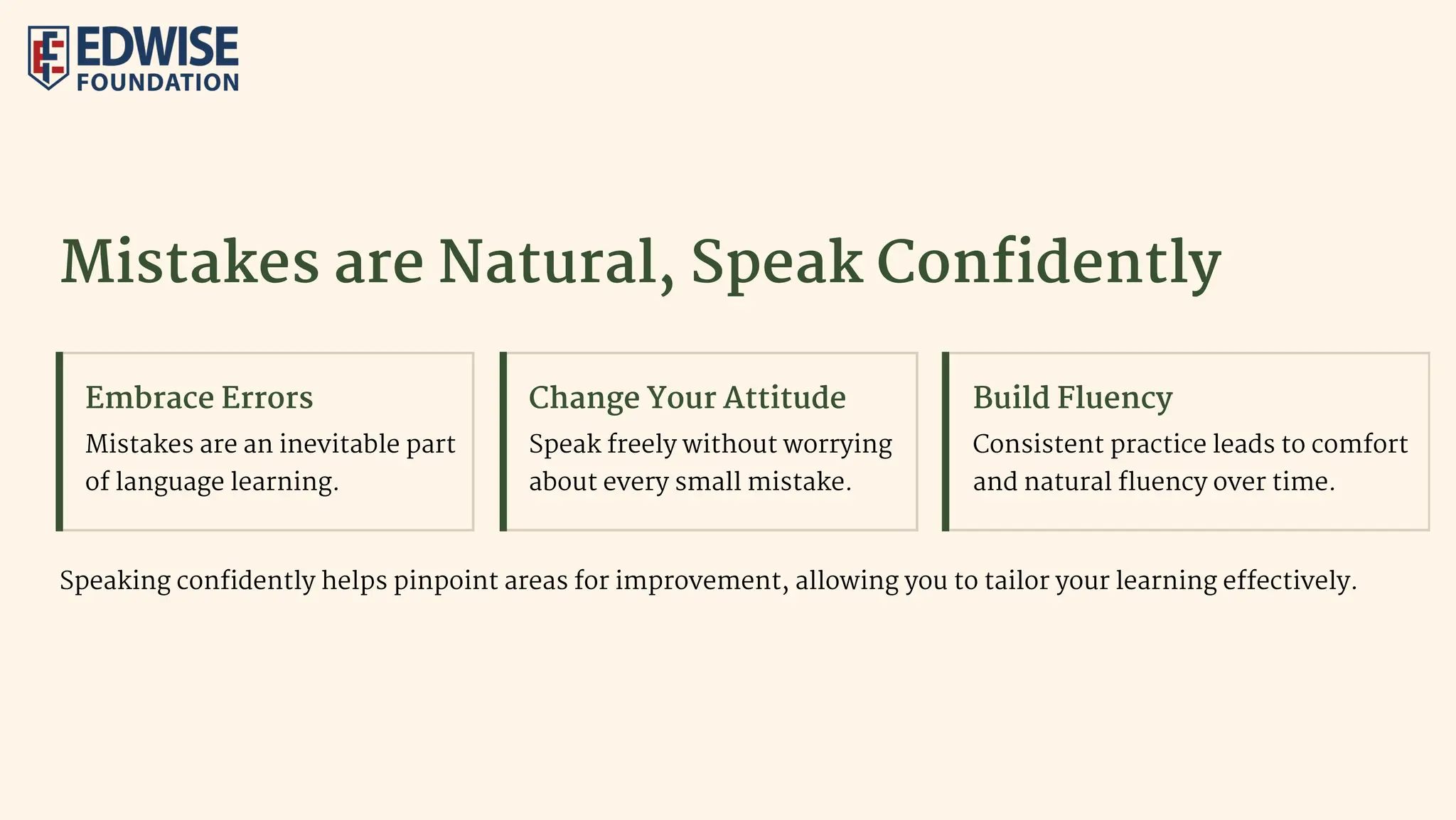 Mistakes are Natural, Speak Confidently
Embrace Errors
Mistakes are an inevitable part
of language learning.
Change Your Attitude
Speak freely without worrying
about every small mistake.
Build Fluency
Consistent practice leads to comfort
and natural fluency over time.
Speaking confidently helps pinpoint areas for improvement, allowing you to tailor your learning effectively.
 