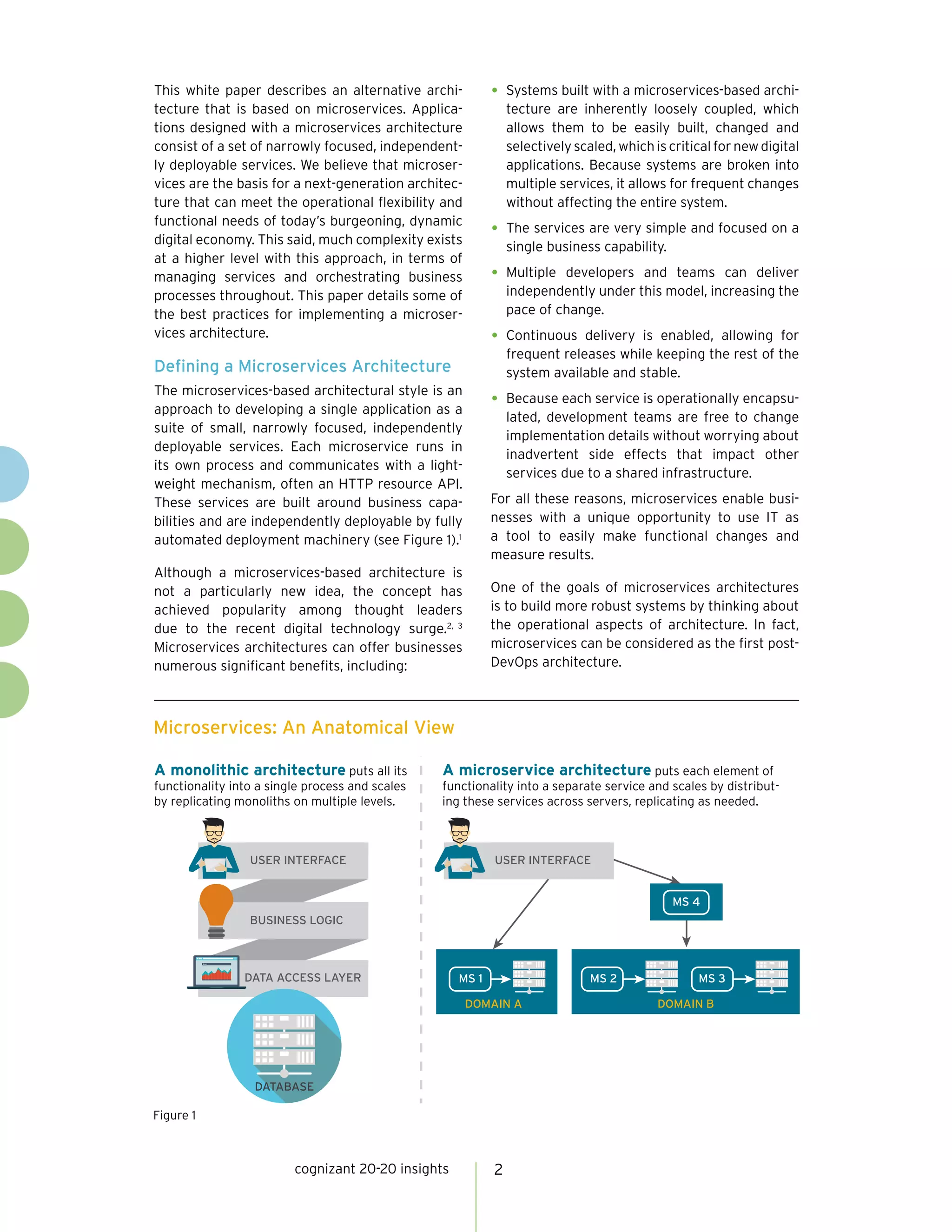 2cognizant 20-20 insights
This white paper describes an alternative archi-
tecture that is based on microservices. Applica-
tions designed with a microservices architecture
consist of a set of narrowly focused, independent-
ly deployable services. We believe that microser-
vices are the basis for a next-generation architec-
ture that can meet the operational flexibility and
functional needs of today’s burgeoning, dynamic
digital economy. This said, much complexity exists
at a higher level with this approach, in terms of
managing services and orchestrating business
processes throughout. This paper details some of
the best practices for implementing a microser-
vices architecture.
Defining a Microservices Architecture
The microservices-based architectural style is an
approach to developing a single application as a
suite of small, narrowly focused, independently
deployable services. Each microservice runs in
its own process and communicates with a light-
weight mechanism, often an HTTP resource API.
These services are built around business capa-
bilities and are independently deployable by fully
automated deployment machinery (see Figure 1).1
Although a microservices-based architecture is
not a particularly new idea, the concept has
achieved popularity among thought leaders
due to the recent digital technology surge.2, 3
Microservices architectures can offer businesses
numerous significant benefits, including:
•	Systems built with a microservices-based archi-
tecture are inherently loosely coupled, which
allows them to be easily built, changed and
selectively scaled, which is critical for new digital
applications. Because systems are broken into
multiple services, it allows for frequent changes
without affecting the entire system.
•	The services are very simple and focused on a
single business capability.
•	Multiple developers and teams can deliver
independently under this model, increasing the
pace of change.
•	Continuous delivery is enabled, allowing for
frequent releases while keeping the rest of the
system available and stable.
•	Because each service is operationally encapsu-
lated, development teams are free to change
implementation details without worrying about
inadvertent side effects that impact other
services due to a shared infrastructure.
For all these reasons, microservices enable busi-
nesses with a unique opportunity to use IT as
a tool to easily make functional changes and
measure results.
One of the goals of microservices architectures
is to build more robust systems by thinking about
the operational aspects of architecture. In fact,
microservices can be considered as the first post-
DevOps architecture.
Microservices: An Anatomical View
Figure 1
A monolithic architecture puts all its
functionality into a single process and scales
by replicating monoliths on multiple levels.
A microservice architecture puts each element of
functionality into a separate service and scales by distribut-
ing these services across servers, replicating as needed.
USER INTERFACE USER INTERFACE
MS 4
MS 1
BUSINESS LOGIC
DATA ACCESS LAYER
DATABASE
DOMAIN A
MS 2 MS 3
DOMAIN B
 