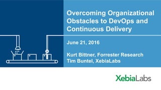 Overcoming Organizational
Obstacles to DevOps and
Continuous Delivery
June 21, 2016
Kurt Bittner, Forrester Research
Tim Buntel, XebiaLabs
 