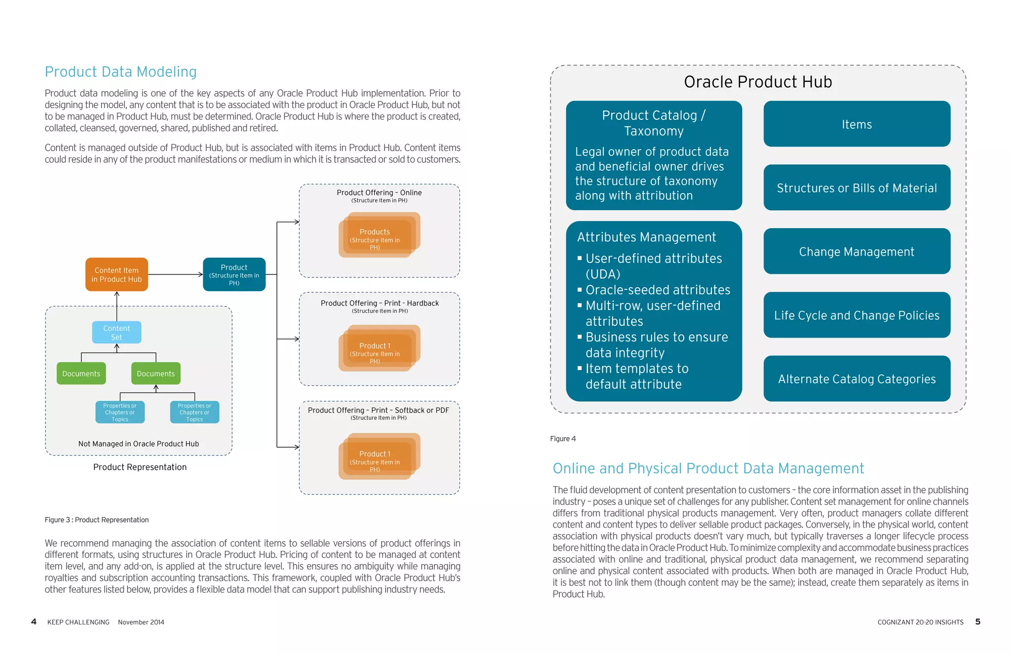 4 KEEP CHALLENGING November 2014 COGNIZANT 20-20 INSIGHTS 5
Product Data Modeling
Product data modeling is one of the key aspects of any Oracle Product Hub implementation. Prior to
designing the model, any content that is to be associated with the product in Oracle Product Hub, but not
to be managed in Product Hub, must be determined. Oracle Product Hub is where the product is created,
collated, cleansed, governed, shared, published and retired.
Content is managed outside of Product Hub, but is associated with items in Product Hub. Content items
couldresideinanyoftheproductmanifestationsormediuminwhichitistransactedorsoldtocustomers.
We recommend managing the association of content items to sellable versions of product offerings in
different formats, using structures in Oracle Product Hub. Pricing of content to be managed at content
item level, and any add-on, is applied at the structure level. This ensures no ambiguity while managing
royalties and subscription accounting transactions. This framework, coupled with Oracle Product Hub’s
other features listed below, provides a flexible data model that can support publishing industry needs.
Online and Physical Product Data Management
Thefluiddevelopmentofcontentpresentationtocustomers–thecoreinformationassetinthepublishing
industry–posesauniquesetofchallengesforanypublisher.Contentsetmanagementforonlinechannels
differs from traditional physical products management. Very often, product managers collate different
content and content types to deliver sellable product packages. Conversely, in the physical world, content
association with physical products doesn’t vary much, but typically traverses a longer lifecycle process
beforehittingthedatainOracleProductHub.Tominimizecomplexityandaccommodatebusinesspractices
associated with online and traditional, physical product data management, we recommend separating
online and physical content associated with products. When both are managed in Oracle Product Hub,
it is best not to link them (though content may be the same); instead, create them separately as items in
Product Hub.
Content
Set
Documents Documents
Properties or
Chapters or
Topics
Properties or
Chapters or
Topics
Content Item
in Product Hub
Not Managed in Oracle Product Hub
Product
(Structure Item in
PH)
Product Offering – Online
(Structure Item in PH)
Products
(Structure Item in
PH)
Product Offering – Print - Hardback
(Structure Item in PH)
Product 1
(Structure Item in
PH)
Product Offering – Print – Softback or PDF
(Structure Item in PH)
Product Representation
Product 1
(Structure Item in
PH)
Figure 3 : Product Representation
Figure 4
Product Catalog /
Taxonomy
Legal owner of product data
and beneficial owner drives
the structure of taxonomy
along with attribution
Attributes Management
 User-defined attributes
(UDA)
 Oracle-seeded attributes
 Multi-row, user-defined
attributes
 Business rules to ensure
data integrity
 Item templates to
default attribute
Items
Structures or Bills of Material
Change Management
Life Cycle and Change Policies
Alternate Catalog Categories
Oracle Product Hub
 