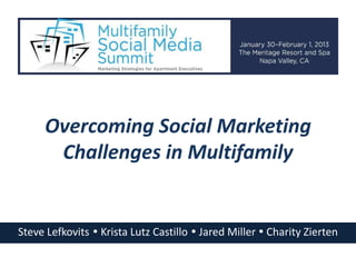 Overcoming Social Marketing
      Challenges in Multifamily


Steve Lefkovits  Krista Lutz Castillo  Jared Miller  Charity Zierten
 
