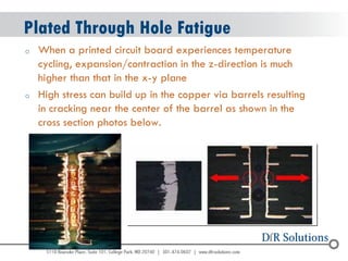 © 2004 - 2007 
2010 
Plated Through Hole Fatigue 
oWhen a printed circuit board experiences temperature cycling, expansion/contraction in the z-direction is much higher than that in the x-y plane 
oHigh stress can build up in the copper via barrels resulting in cracking near the center of the barrel as shown in the cross section photos below.  