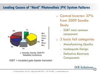 © 2004 - 2007 
2010 
Leading Causes of “Hard” Photovoltaic (PV) System Failures 
oCentral Inverter: 37% from 2009 Sandia Study 
oIGBT most common component 
o3 basic fail categories 
oManufacturing Quality 
oInadequate Design 
oDefective Electronic Components 
J. Granata, Sandia; 2009 PV 
Reliability Conference 
IGBT = insulated gate bipolar transistor  