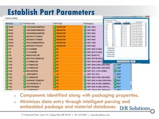 © 2004 - 2007 
2010 
Establish Part Parameters 
oComponents identified along with packaging properties. 
oMinimizes data entry through intelligent parsing and embedded package and material databases  
