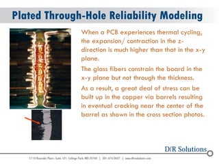 © 2004 - 2007 
2010 
Plated Through-Hole Reliability Modeling 
When a PCB experiences thermal cycling, the expansion/ contraction in the z- direction is much higher than that in the x-y plane. 
The glass fibers constrain the board in the x-y plane but not through the thickness. 
As a result, a great deal of stress can be built up in the copper via barrels resulting in eventual cracking near the center of the barrel as shown in the cross section photos.  