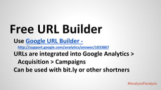 #AnalysisParalysis
Free URL Builder
Use Google URL Builder -
http://support.google.com/analytics/answer/1033867
URLs are integrated into Google Analytics >
Acquisition > Campaigns
Can be used with bit.ly or other shortners
 