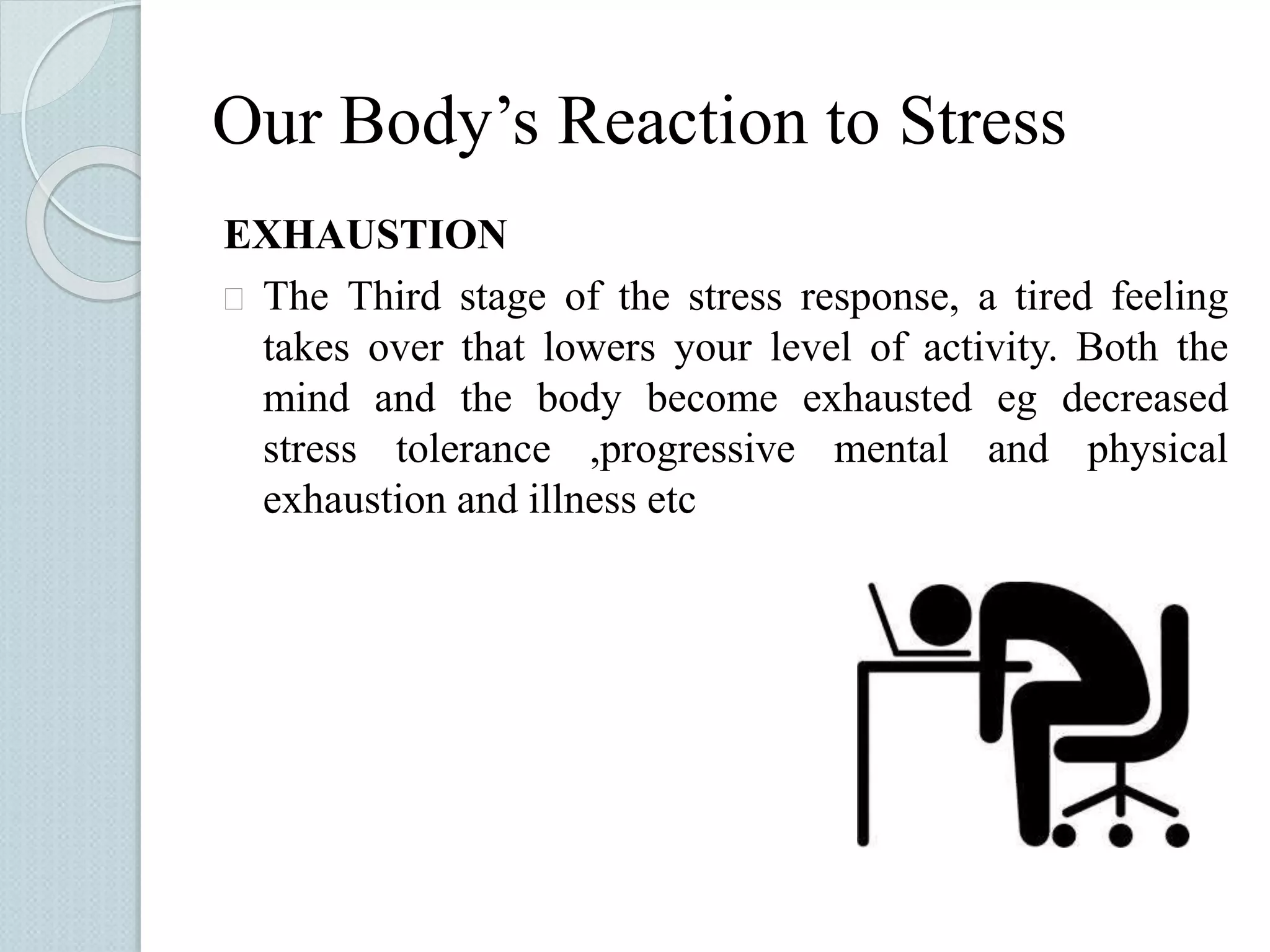 Our Body’s Reaction to Stress 
EXHAUSTION 
 The Third stage of the stress response, a tired feeling 
takes over that lowers your level of activity. Both the 
mind and the body become exhausted eg decreased 
stress tolerance ,progressive mental and physical 
exhaustion and illness etc 
 