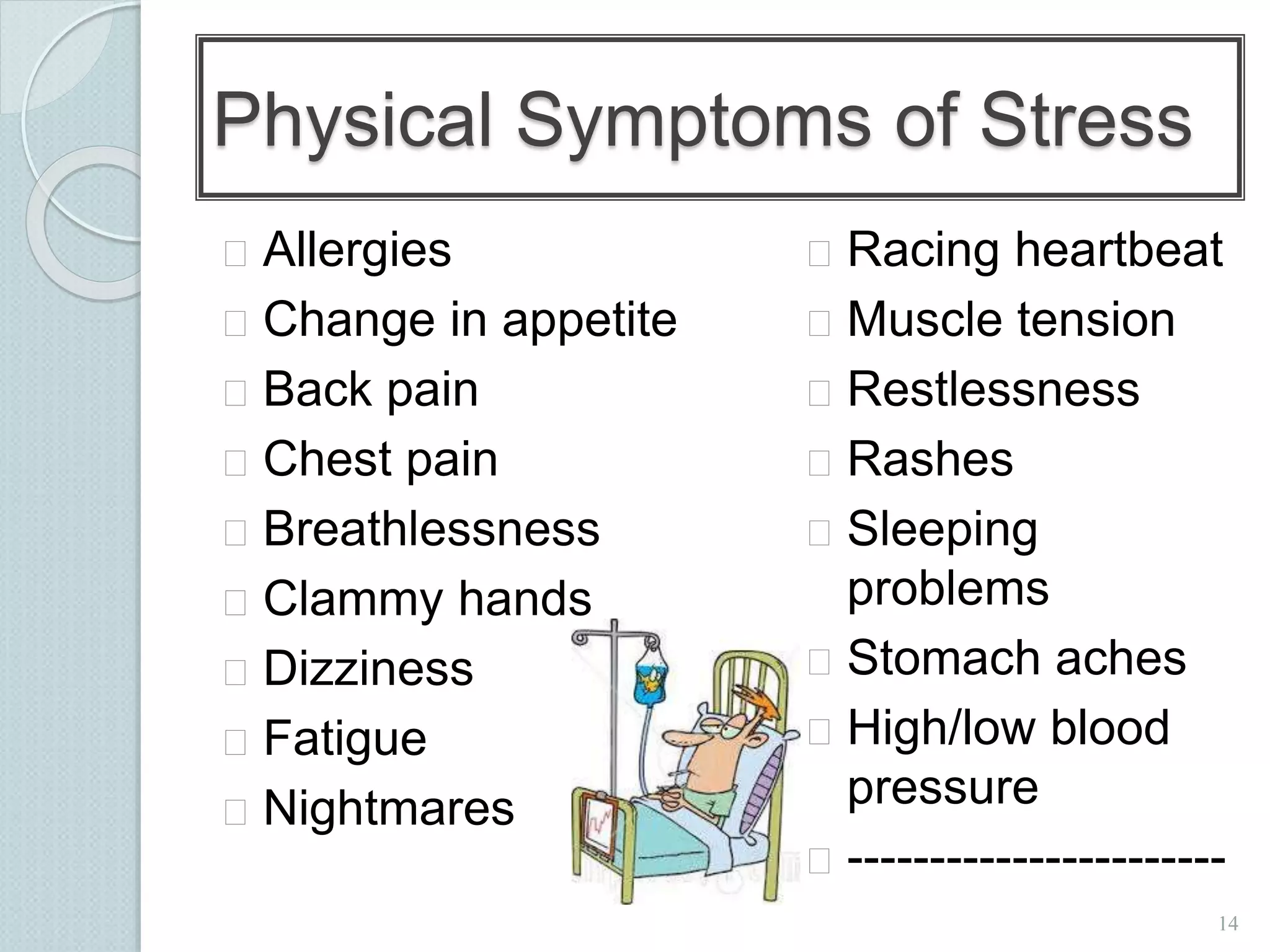 14 
Physical Symptoms of Stress 
 Allergies 
 Change in appetite 
 Back pain 
 Chest pain 
 Breathlessness 
 Clammy hands 
 Dizziness 
 Fatigue 
 Nightmares 
 Racing heartbeat 
 Muscle tension 
 Restlessness 
 Rashes 
 Sleeping 
problems 
 Stomach aches 
 High/low blood 
pressure 
 ----------------------- 
 