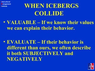 Intercultural
Management
Institute
WHEN ICEBERGS
COLLIDE
• VALUABLE – If we know their values
we can explain their behavior.
• EVALUATE – If their behavior is
different than ours, we often describe
it both SUBJECTIVELY and
NEGATIVELY
 