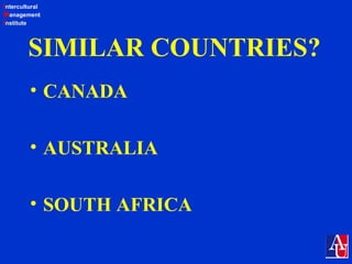 Intercultural
Management
Institute
SIMILAR COUNTRIES?
• CANADA
• AUSTRALIA
• SOUTH AFRICA
 
