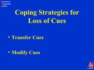 Intercultural
Management
Institute
Coping Strategies for
Loss of Cues
• Transfer Cues
• Modify Cues
 