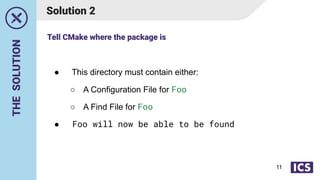 THE
SOLUTION
Solution 2
● This directory must contain either:
○ A Configuration File for Foo
○ A Find File for Foo
● Foo will now be able to be found
Tell CMake where the package is
11
 